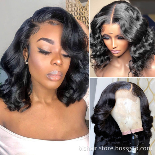 Body Wave Lace Front Bob Wig 150% Density 4x4 Lace Closure Wigs From Brazilian Virgin Human Hair For Black women  Natural Color